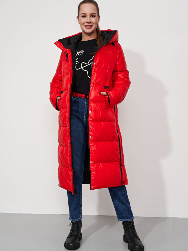 jc.rosy pink 3297 f07 Черный красный Пальто женское утепленное