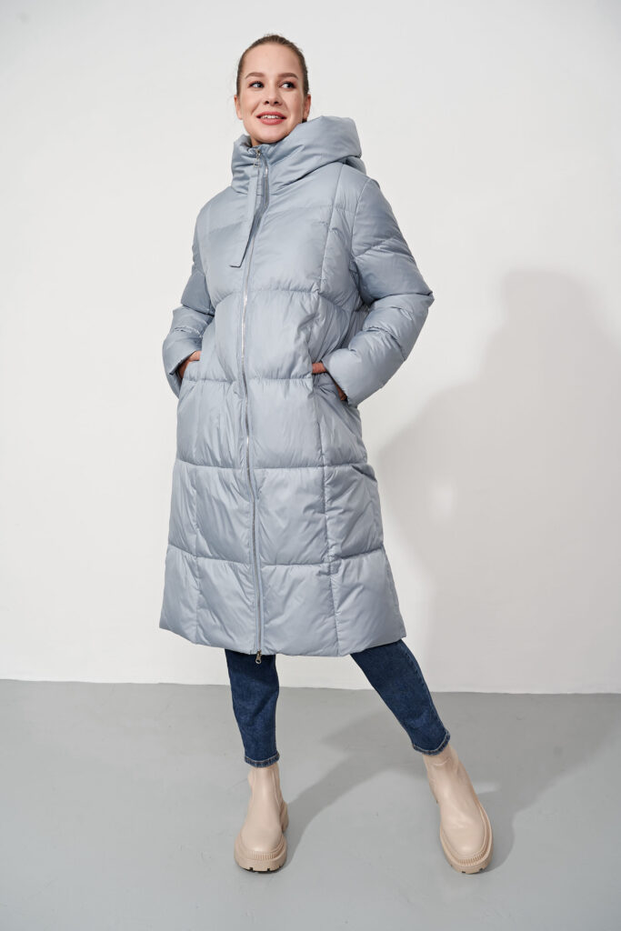 пальто женское утепленное серо-голубое 1